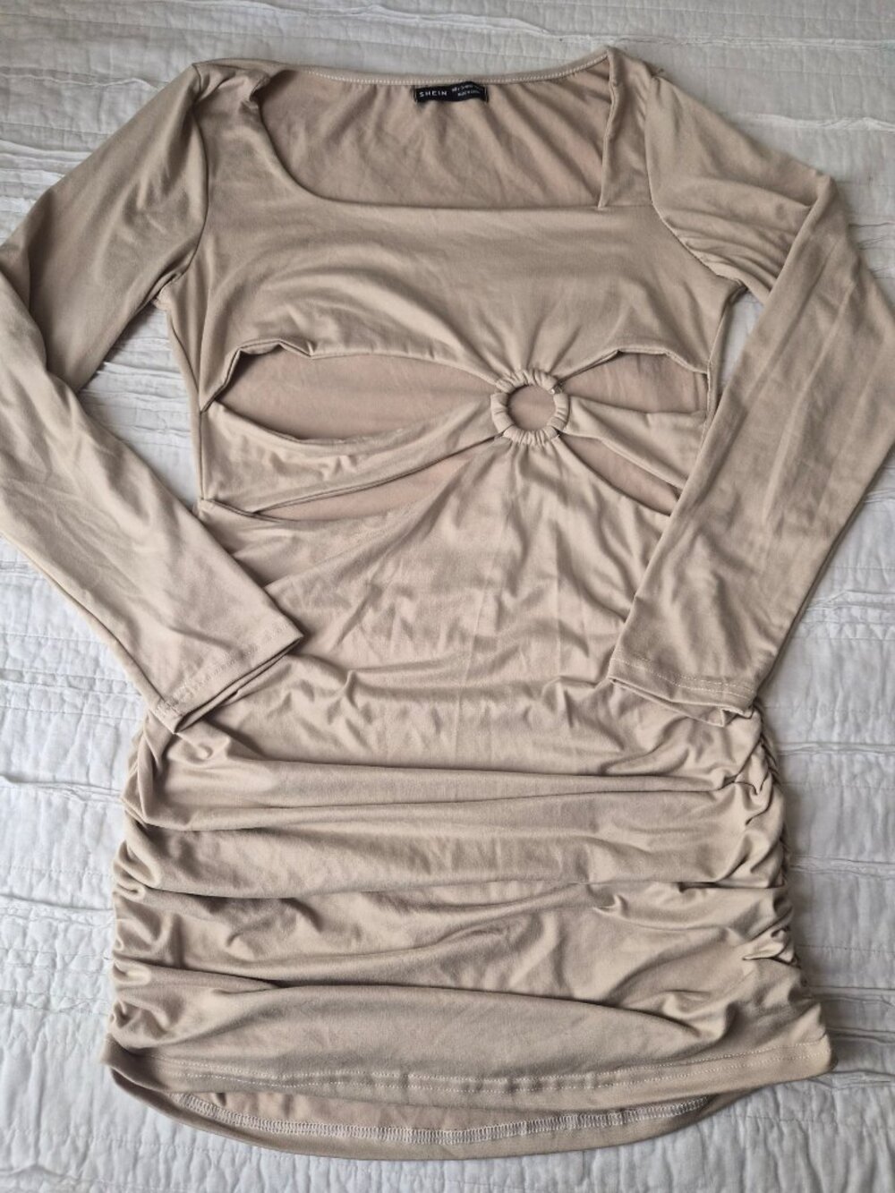 SHEIN Long Sleeve Cutout Ruched Mini Dress Beige M